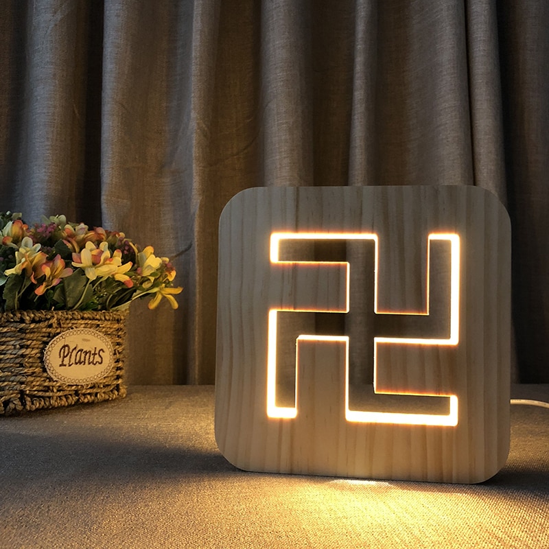 기호 마크 3D LED 나무 밤 빛 테이블 램프 USB 전원 책상 조명 아기 아이 생일 새해 선물